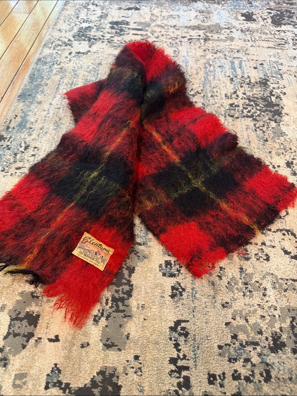 Vintage Glentana  Red & Black Mohair & wool Plaid Scarf
